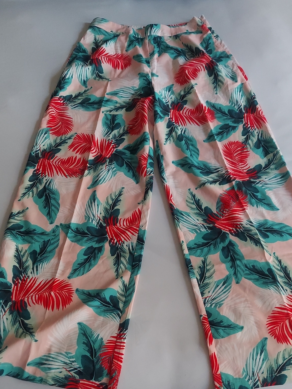 Fashion Nova Tropical Wide-Leg Palm Print Pants - Pink, Teal & Red
